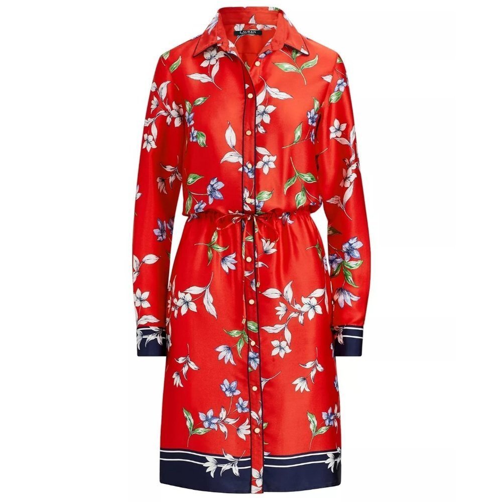 Lauren Ralph Lauren Red Floral-Print Silky Twill Blue Bold Border Shirtdress 6